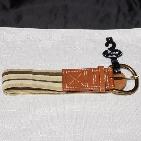 Fossil NWT Stretch Khaki Stripe Elastic Belt Sz L - Picture 2 of 9